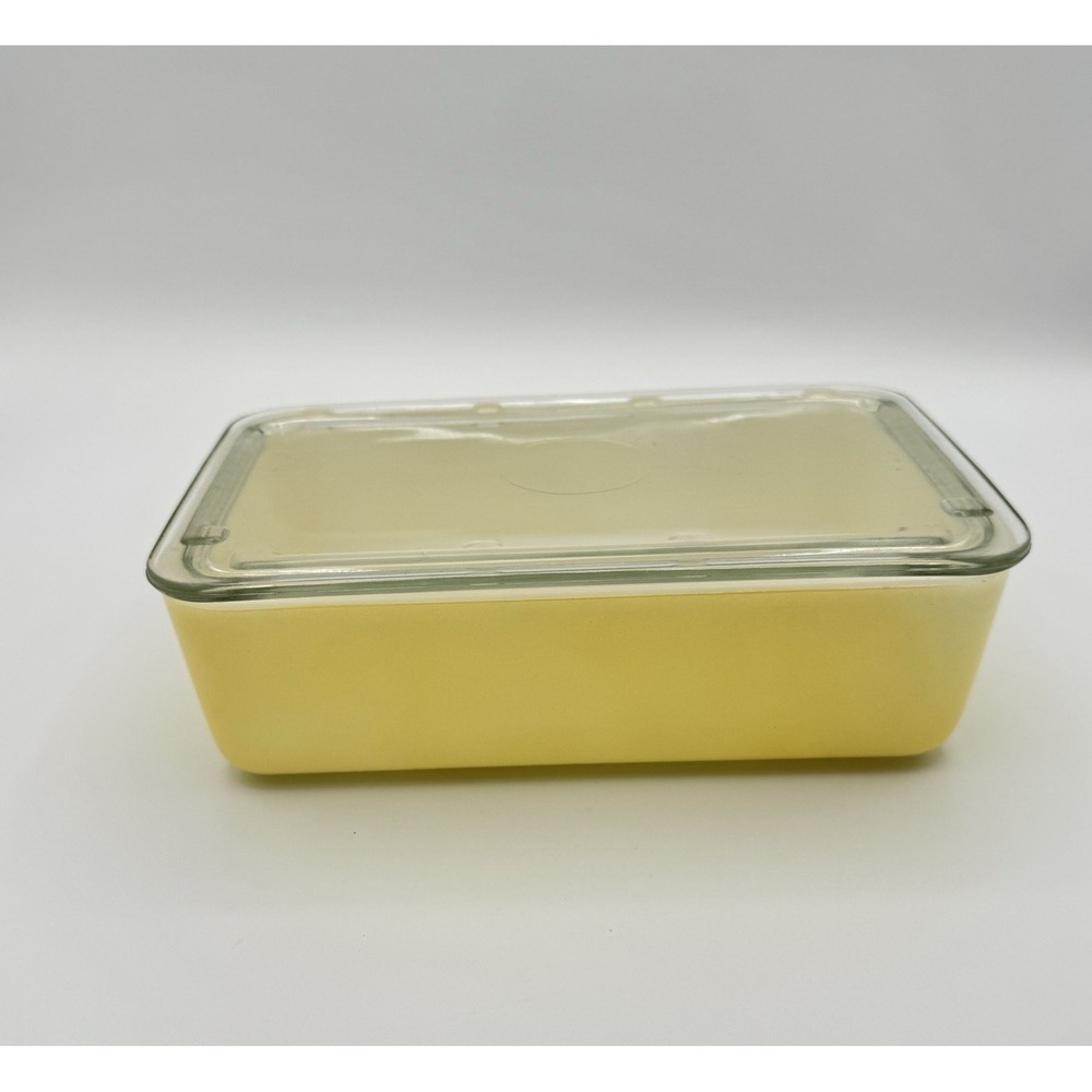 Vintage Glasbake J-2577 1 Qt Yellow Refrigerator Dish w Glass Lid USA